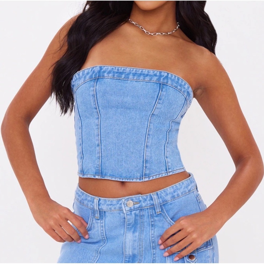 PLT denim corset‎ US 4 Tall light blue NWT